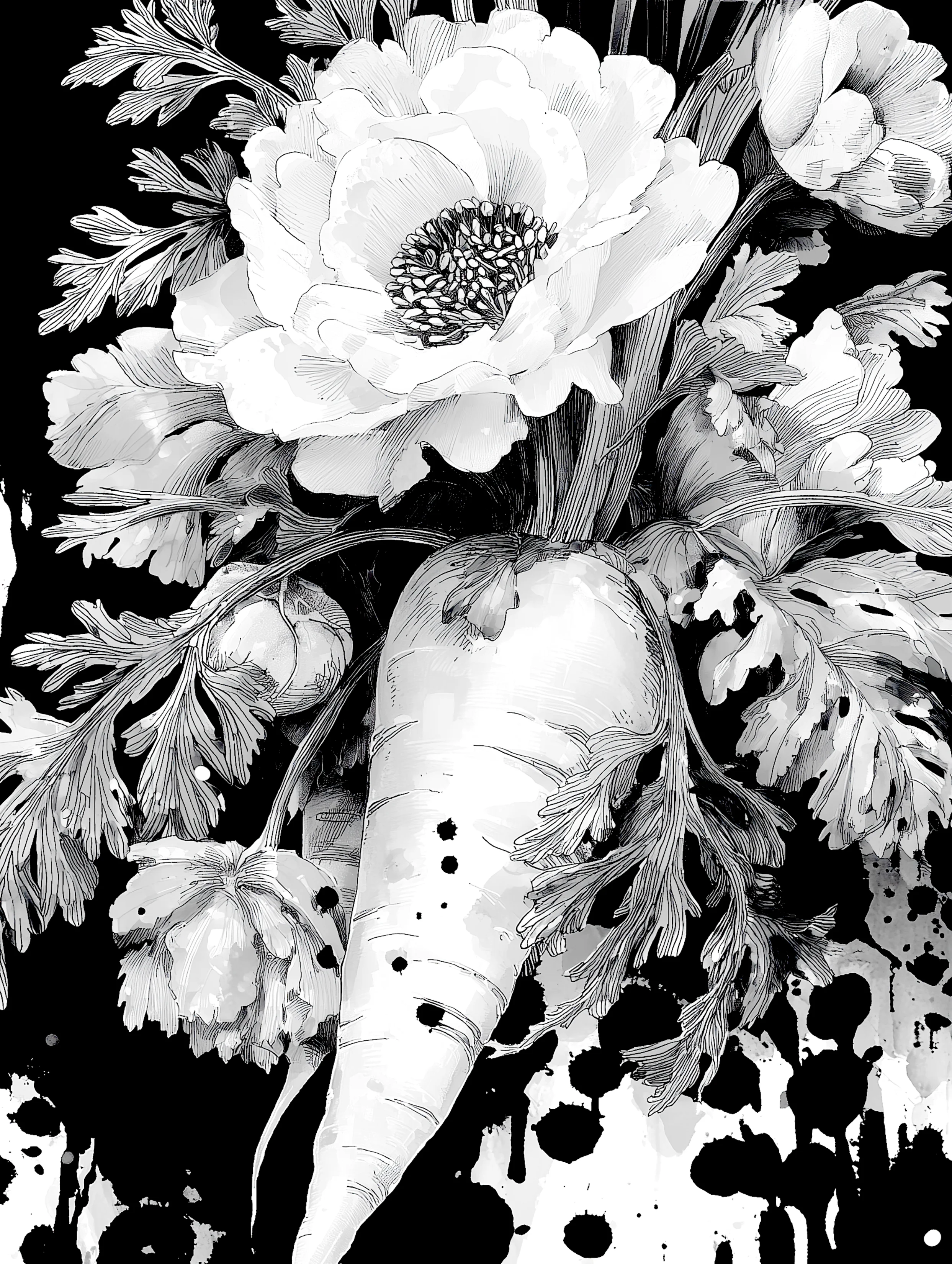 Free printable carrot coloring page for adults featuring foliage around a carrot